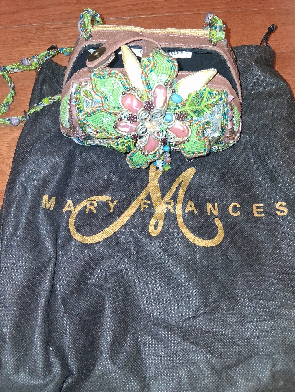 Mary Frances Floral Beaded Clutch in Green and Pink - Picture 5 of 6